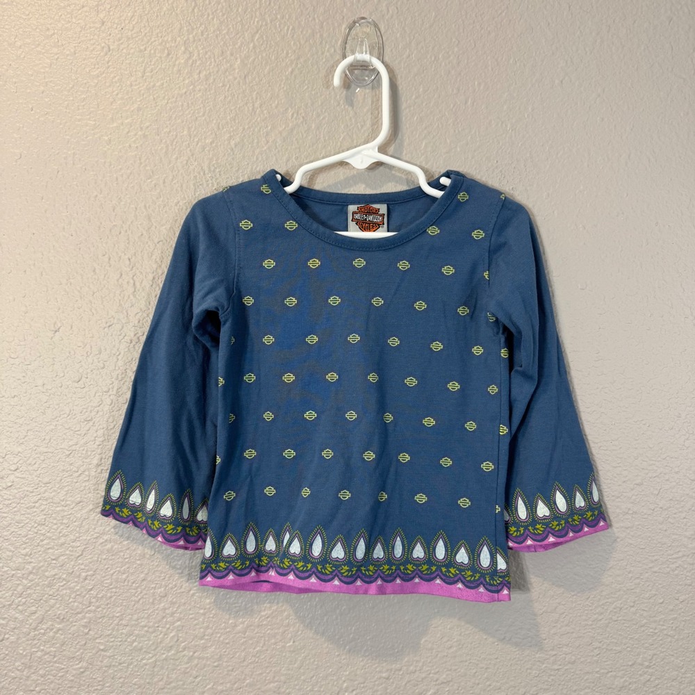 Harley-Davidson Kid's Size 2T Blue Logo Print Boho Border‎ Long Sleeve Top